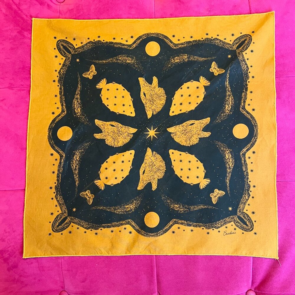 Beautiful Desert-Inspired Orange Western Bandana w/ Wolf Cactus Butterfly Moon